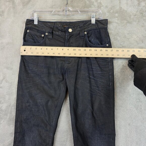 Nudie Jeans Thin Finn Jeans Mens 31x32 Black Coated Indigo Denim Italy - Picture 5 of 16